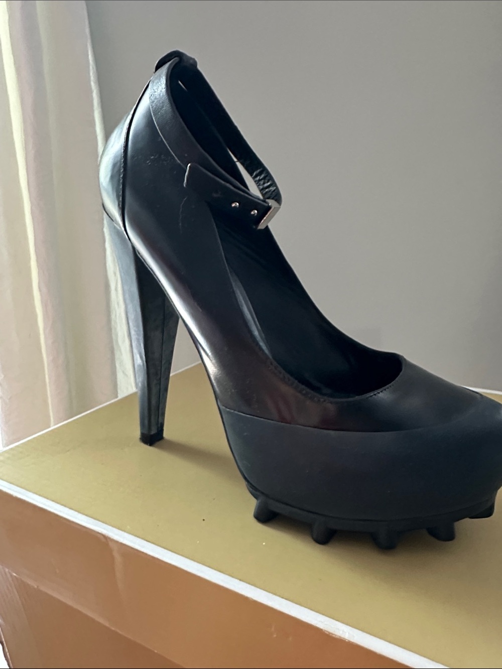 Aldo Black Platform Ankle-Strap High Heels with Studded Lug Sole